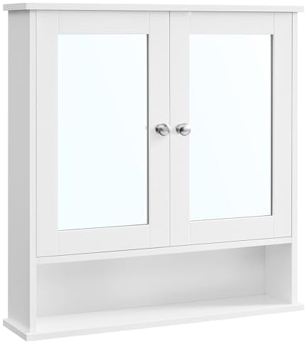VASAGLE Armoire Murale, Meuble Salle de Bain, Placard de Rangement, Armoire Suspendue, 2 Portes-Miroir et Compartiment Ouvert, Étagère Réglable, 15 x 65 x 75 cm, Blanc LHC012W01