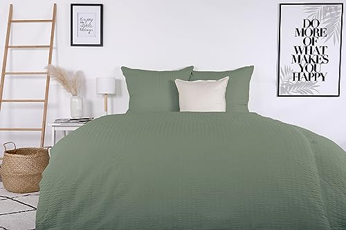 jilda-tex Seersucker Bio-Bettwäsche Uni 100% Baumwolle Valencia Sommerbettwäsche (Salbeigrün, 240x220 + 2x80x80 cm)