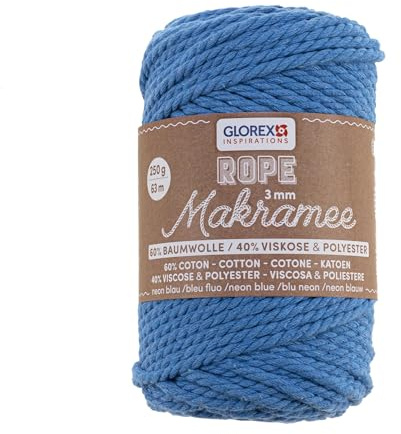 GLOREX 5 1007 38 - Makramee Rope 3 mm, 250 g, Neon Blau, Länge 63 m, gedreht, superweiches Textilgarn aus 60 % Baumwolle, 40 % Viskose, zum Häkeln, Stricken, Knüpfen und textilen Gestalten