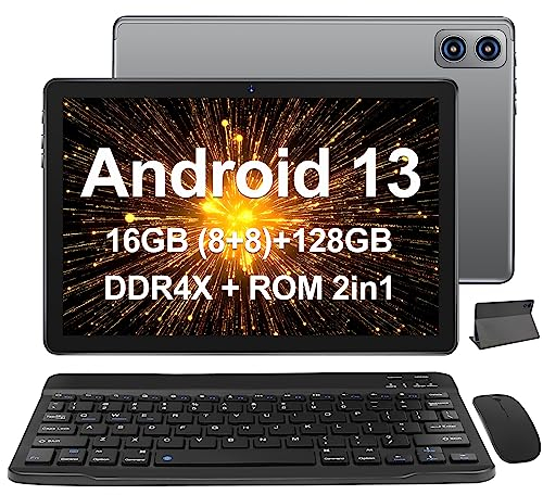 WOZIFAN Tablet 10 pollici Android 13 Tablet PC 16GB RAM + 128GB ROM + TF 512GB Octa-Core 2.0 GHz, | 8000mAh | 1280 * 800 Pixel | 5MP + 13MP | 5G WiFi | Bluetooth5.0, Tablet con tastiera e mouse Grigio