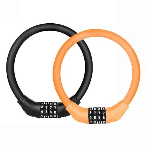 Fioria Bicycle Cable Lock Fahrrad Kabelschlösser Sicherheit 4-Stellig Zurücksetzbar Kombination Tragbar Passcode-Schloss Kabel für Draußen (Schwarz & Orange)