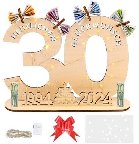 30 Geburtstag Frauen Männer Geschenk mit Geschenktasche& Schleife&Led Lichterkette,Geldgeschenke Geburtstag 30,Geschenke zum 30 Geburtstag Frau Mann Deko 1994-2024 Holzschild Gästebuch 30. Geburtstag