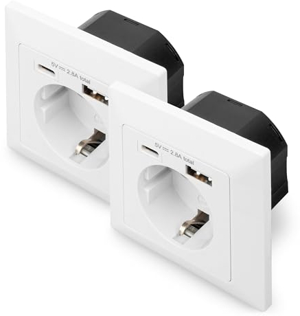 DIGITUS DA-70615 - Prise encastrée avec chargeur USB - 2 pièces - 1x USB-A jusqu'à 2.8 A / 1x USB-C jusqu'à 2.8 A - Profondeur d'encastrement 32 mm - Conditionnellement compatible avec le design