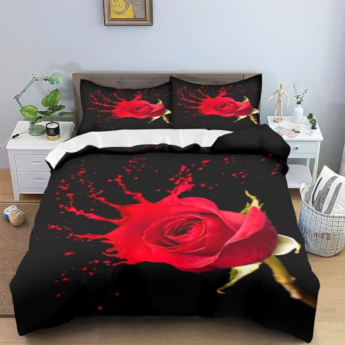 WEQEER Bettwäsche Rot Rose Bettbezug Set Mit Reißverschluss Rote Rose Blumen Muster Bettwäsche 135x200cm 3D Rote Rosa Rose Blumen Bettwäsche Für Erwachsene Kinder (3,220 x 240 cm)