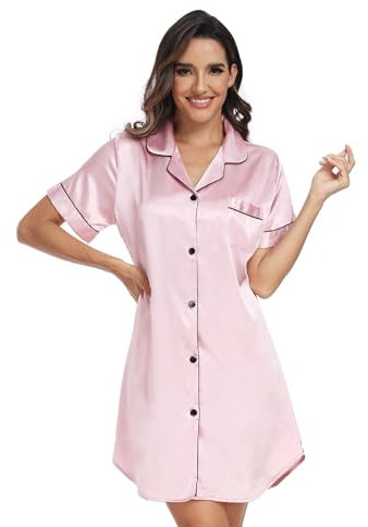 North Bund Chemise De Nuit Femme Manches Courtes Robe Sexy Col en V Bouton Devant Vêtements Nuisette Satin Shirt Pyjama Maternité Allaitement Rose M