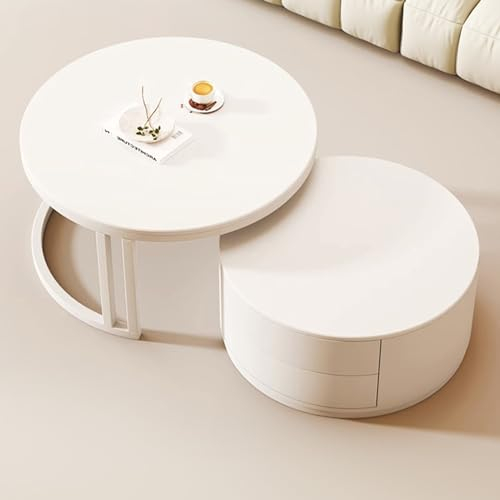 DOFFO Table Basse emboîtable Blanche de 28 Pouces – Table Basse Ronde avec 2 tiroirs, tiroirs Extensibles et à Boutons-poussoirs gratuits | Table de Rangement Moderne (32IN)