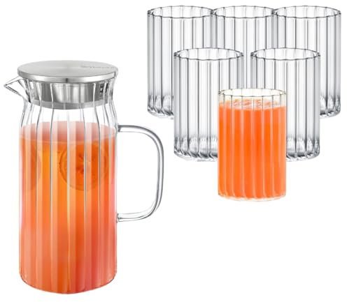 Wilmax - Carafe en verre 1 l avec 6 verres à eau 200 ml dans un set - Couvercle en acier inoxydable - Carafe à eau en verre strié - Pichet à eau pour jus, eau, thé glacé, lait