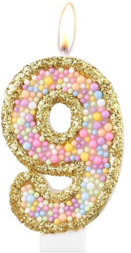Macaron-Kerzen zum 9. Geburtstag, goldene Zahl 9 für Kuchen, farbige Perlenkerzen, Macaron-Themen-Geburtstagsdekorationen, Wunderkerze, Kuchenaufsatz für Mädchen und Jungen, Geburtstagsparty-Zubehör