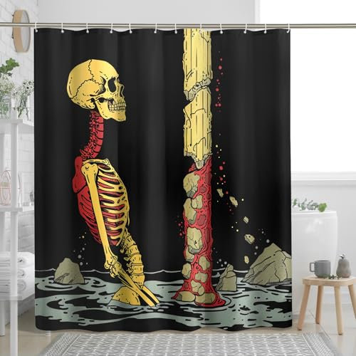 Tenda da doccia con scheletro, tenda da doccia con scheletro giallo rosso e giallo, tenda da doccia horror art art per decorazione del bagno, tenda da doccia moderna scura in tessuto impermeabile con