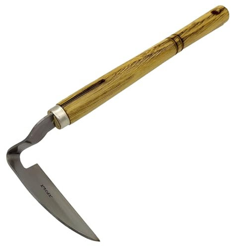 Falce da giardino – falciatrice da giardino in acciaio inox, per erbacce da giardino, mano-erbacce da giardino, per diserbo, scavare, tagliare, falce curvo in acciaio inox, manico in legno curvo