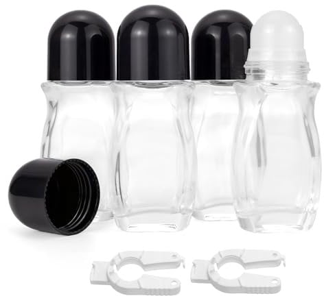 Pxyelec 4 pcs 50ml Clear Glass Roller Bottles, Glass Roll on Bottles with Plastic Roller Ball and White Opener Deodorant Vial Container for Essential Oils, Perfume (Black Lid)