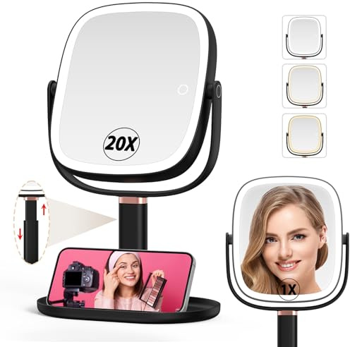 Mocado Makeup Mirror with Lights, 1X/20X Magnifying Mirror with Light, Vanity Mirror with 3 Colors Lights, Height Adjustable Lighted Makeup Mirror, Double Sided 360°Rotation, Memory Function (Black)