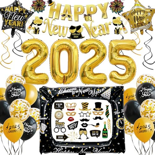 Silvester Deko 2025 XXL Dekoration Set, Neujahr Deko 2025 Schwarz Gold, Happy New Year Girlande, Folienballons, Fotorequisiten, Konfetti Ballons, Neujahrsdeko Accessoire für Silvesterparty