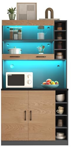 KecDuey Hochschrank,Küchenschrank, 100x47x187cm Buffet mit LED-Ambiente-Beleuchtung und Kabellöchern, Küchen-Highboard aus Holz, großer Platz für Mikrowelle,Ablagefächer (Natur+Grau)