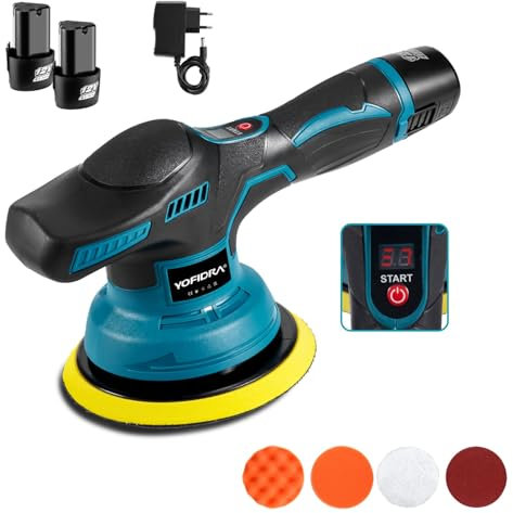 Yofidra Lucidatrice a batteria da 12 V, lucidatrice eccentrica a 6 velocità variabili, 2 batterie da 1300 mAh, display LCD, 125 mm, per lucidatura, cera e rimozione graffi