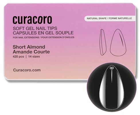 Curacoro Natural Nail Soft Gel Tips - 420Pcs Nail Extension Tip, 14 Sizes Clear Full Cover Acrylic Gel Tips, Long-Lasting Salon Quality, Easy to Wear & Natural Look (Almond, Short)