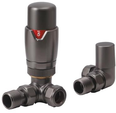 Gunmetal Thermostatic Radiator Valve Corner - 15mm x R 1/2 TRV & Lock Shield