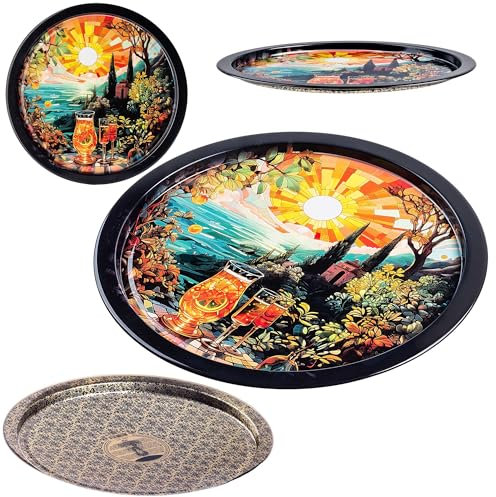 KADAX Serviertablett aus Metall, 32.5 cm Durchmesser, Rundes Tablett mit erhöhtem Rand und dekoratives Design, Dekoteller Rund, Metalltablett (Sonne)
