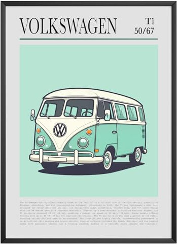 MJ-GRAPHICS® Volkswagen T1 Bus Poster Retro Kunstdruck Auto Oldtimer Wohnzimmer Wandbild Auto Bild Bulli Vintage Dekoration Geschenk VW Fans Campervan Kunst Poster – A4 Ohne Rahmen