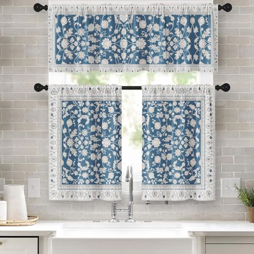 Tayney Ethnische Paisleymuster, Küchenfenstervorhänge, Volant und Etagen-Set, 91,4 cm, blau, nahtlos, abstrakte Blumenstangentasche, Kurze Etagen für Badezimmer, Moderne kleine Café-Vorhänge für