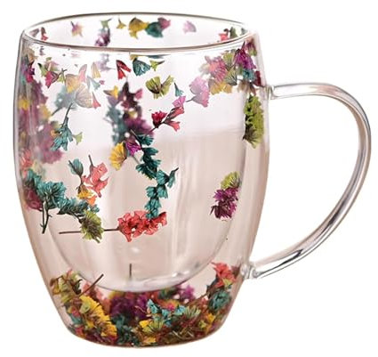 ASIAD Double Wall Dried Flowers Glass Mug, Insulated Layer Coffee Cup with Handle, Aesthetic Flower Tea Cup, Floral Fusion Glass Mug for Hot Milk,Multi colored