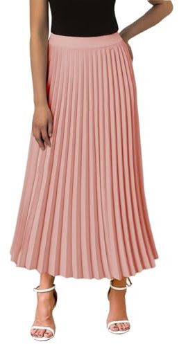 Rock Damen Sommer Lang Faltenrock Plisseerock Elegant Elastisch Chiffon Rock Midi Sommerrock Hohe Taille Strandrock Hellrosa L