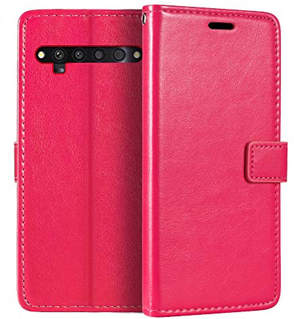 Shantime Étui Cuir Compatible avec TCL 10 Pro, Design Affaires Rabat Magnétique avec 3 Fentes Cartes, Photo et Poche Cachée(Rouge Rose)