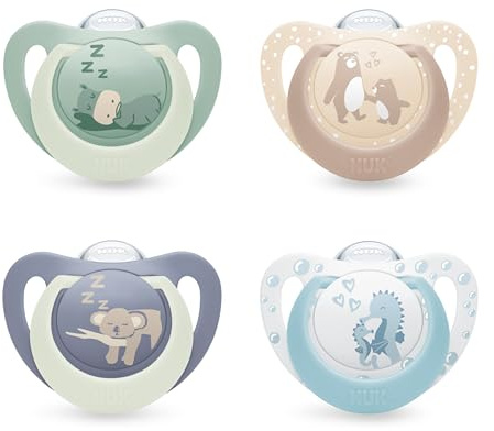 NUK First Choice Day & Night Baby Schnuller | 0-6 Monate | Orthodontische Schnuller, die im Dunkeln leuchten | Beruhigt 99% aller Babys** | Sortiert | 4 Stück
