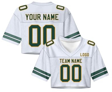Maillot de Football Américain Personnalisés Nom et Numéro pour Femmes, Crop Top Oversize Y2K Streetwear pour Filles, Haut Court à Manches Courtes et Encolure en V, Tenue de Pom-Pom Girl