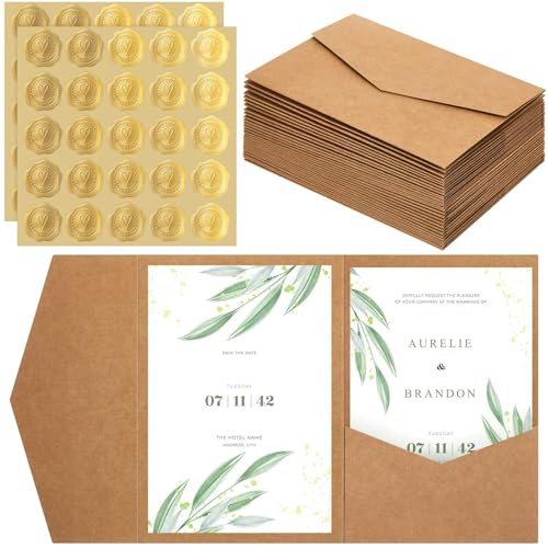 Tenare Papier Pocketfold Umschläge und Wachssiegel Selbstklebend für DIN A6-Karten Einladungskarten Hochzeitseinladungen Hochzeitskarte Geburtstagseinladungen(Kraftpapierfarbe,30 Stück)