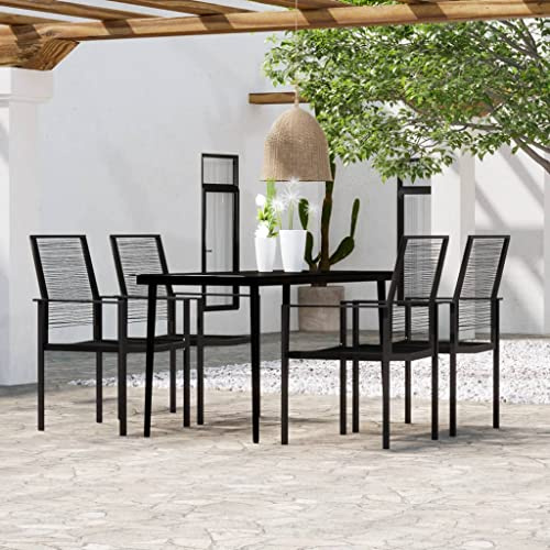 Mandloder 5-TLG. Grupo de comedor de jardín negro, marco de acero con recubrimiento en polvo, mesa de cristal, sillas de ratán de PVC, mesa de 140 x 70 x 74 cm, para balcón de terraza, patio exterior