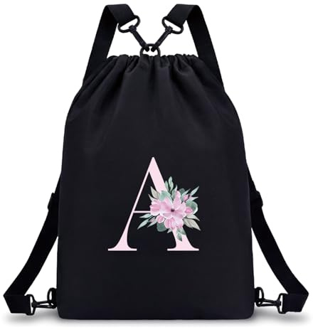 A-Z BAG Personalisierter Turnbeutel mit Buchstabe - Geschenk Mädchen, A | Sportbeutel Damen mit Blumen-Buchstabe, Schwimmbeutel Wasserfest, Stoffrucksack mit Kordelzug für Schule und Schwimmen