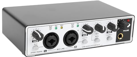 Fockety USB Audio Interface, 24 Bit 192 KHz XLR Input Home Studio Audio Interface with 2 USB Cables, 48V Power, Compact Design, for Recording Music, Podcasting, Streaming (Black White)
