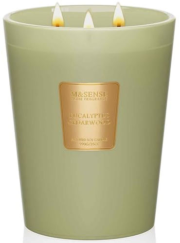 M&SENSE Eucalyptus Cedarwood Duftkerze im Glas, 990g Sojawachs mit 3 Dochten, langanhaltende Brenndauer Aromatherapiekerze bis zu 150 Stunden, Geschenk für Zuhause, Büro oder zur Einweihung