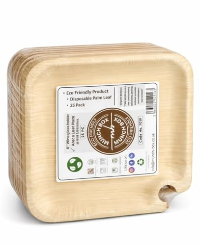 MUNCH BOX 25 Pack 8 Areca Palm Leaf Disposable Plates for Parties & Weddings | Sustainable Mini Charcuterie Boards | Handheld Cocktail Plates with Integrated Wine Glass Holder | Biodegradable