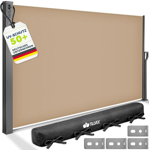 tillvex® Store latéral 160 x 300 cm extensible et opaque avec Housse de protection | Brise-vue pour balcon, jardin et terrasse | Support mural | Protection solaire en acier inoxydable | Contre le vent