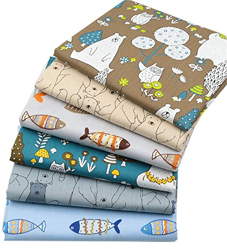 6 Stück Fat Quarters Quilting Stoff Bundles, 46x56 cm Top Bär und Fisch bedruckter Baumwollstoff zum Quilten Nähen Patchwork, 18 x 22