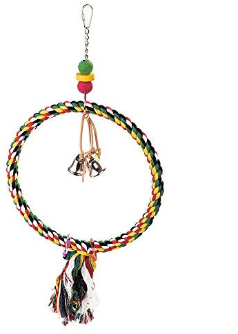 PARROT ESSENTIALS Colourful Cotton Rope Swing - Round Cotton Rope Perch Wooden Swing for Parrots, Large Conures and More - Parrot Toy Nest Swing Encourages Foot Exercise - Hanging Rope Parrot Toy