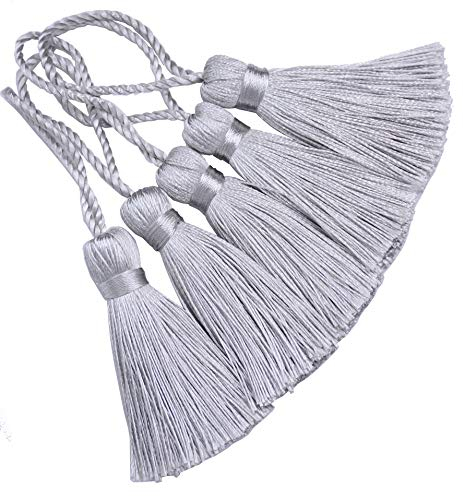 Makhry 20pcs 4,3 Zoll Handgemachte Seidige Mini Handwerk Quaste mit 2-Zoll-Kabel Schleife und Kleinen Chinesischen Knoten für Ohrringe,Lesezeichen,DIY Handwerk Zubehör (Silber Grau)