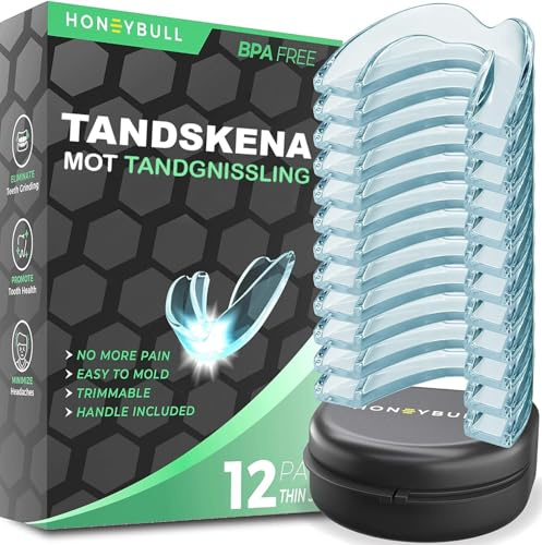 HONEYBULL Tandskena mot Tandgnissling, 1 Storlek för Lätt Gnissling | Mjuk och Bekväm Nattskena för Bruxism, Tandpressning & Blekningsskena, 12-pack - Tunn Modell | BPA-fritt material, smal profil för lättare slipning, komfort över natten, förvaringsfodral ingår