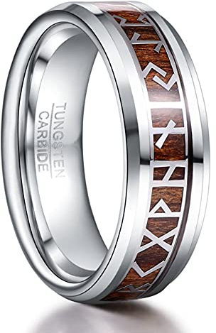 TUNGSTORY Wikinger Ring Herren 8mm Wolfram Silber Ring mit Holz Wikinger Schmuck Herren Ehering Größe 60.0(19.1)