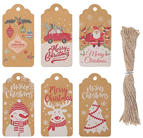 Koogel Weihnachten Geschenkanhänger, 120 Stück Kraftpapier Etiketten mit 1 Rolle Schnur für Weihnachten Dekoration Geschenkverpackung 4 x 8 cm