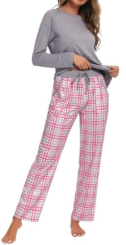 Uniexcosm Womens Cotton Pyjamas Set Long Sleeve Top Checked Trousers GR M