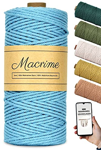 Premium Makramee Garn 3mm x 100m [Hellblau] + Anleitung/Ebook - 100% natürliche Baumwolle, 4-Fach gezwirntes Baumwollgarn - DIY Baumwollkordel zum Basteln