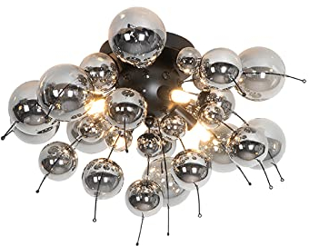 Qazqa - Design Deckenleuchte I Deckenlampe I Lampe I Leuchte schwarz mit Rauchglas 50 cm 4-flammig - Explode I Wohnzimmer I Schlafzimmer - Rund - LED geeignet G9