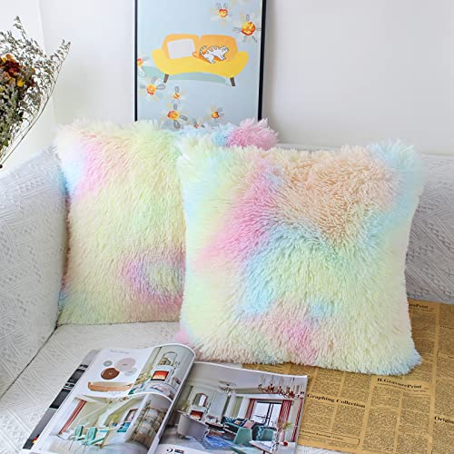 OYIMUA 2er Set Kissenbezüge 50x50 Bunt Flauschige Deko Kissenhülle Kunstpelz Kuschelkissenbezug Dekorative Kuschelig Kissen Plüsch Zierkissen Kissenbezug Plüschkissen Couchkissen Sofakissen