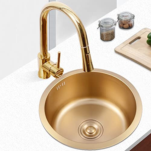Kitchen Sink Fregaderos De Cocina, ​Fregadero De Preparación De Barra De Un Tazón, con Grifo Fregadero De Oro Cepillado Redondo, Acero Inoxidable 304, Instalación Empotrada O Bajo Cubierta