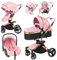 Magic ZC 360° Girevole Pelle PU Passeggino Trio, Passeggino 3 in 1 con Reversibile a Due Vie, Trio Passeggini Neonati con Accessori, Carrozzina per Neonati con Portatile Pieghevole Un Clic (906 Pink)