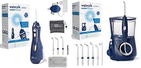 Waterpik Cordless Advanced Waterflosser, Blau (WP-563EU) & Ultra Professional Waterflosser feststehende Munddusche, Druckbereich von 0,7-7 Bar regulierbar über 10 Druckeinstellungen, Blau (WP-663EU)