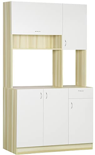 HOMCOM Küchenschrank Hochschrank mit 3 Regalen und 4 Schränken Küchenbuffet Esszimmerschrank mit höhenverstellbaren Regalböden Küche Kippschutz Spanplatte Weiß+Natur 102 x 48 x 180 cm